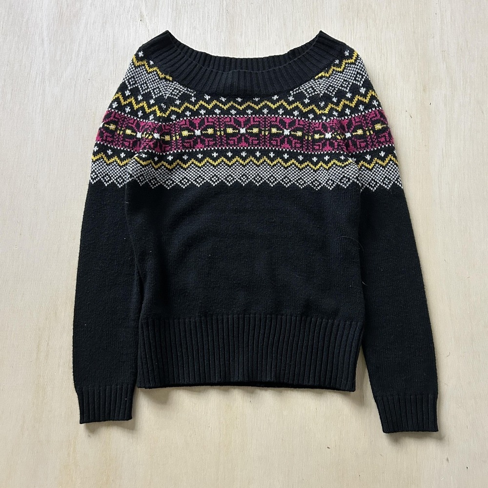 Y2K Op Sweater Girls Large 11/13 Black Fair Isle Knit Winter Crew Neck Pullover